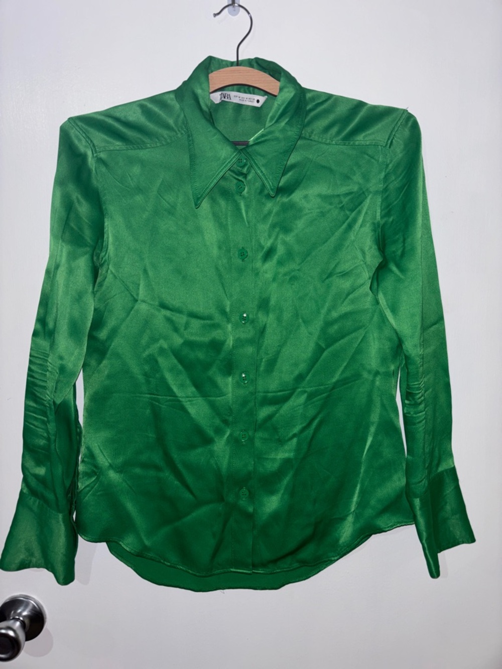 Zara Bright Green Satin Button-Down Blouse